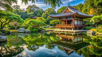 Naklejka premium Ancient Japanese shrine with a tranquil pond and serene garden, japanese shrine, natural surroundings, Zen philosophy