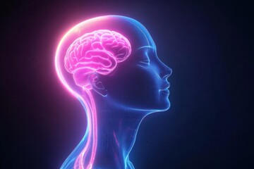 Radiant digital brain on blue abstract background