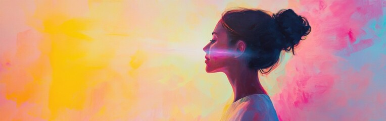 Fototapeta premium Portrait of a serene woman radiating beauty amidst a colorful background in a tranquil setting