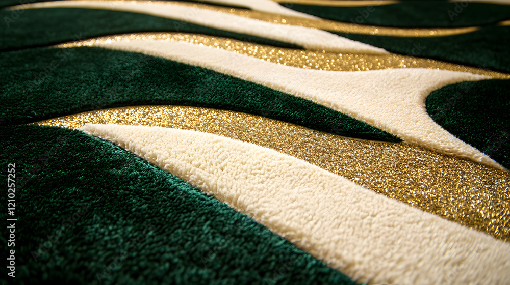 Poster a dynamic abstract design featuring cascading wave patterns in metallic gold, soft ivory, and deep e