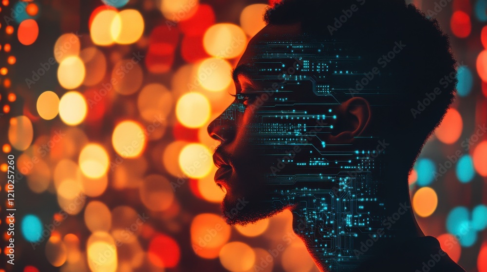 Poster portrait of a man with glowing circuitry design against a vibrant backdrop of warm lights