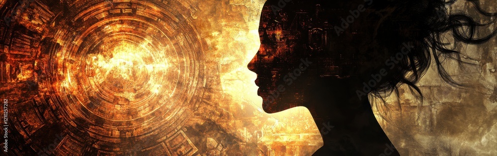 Poster serene portrait of a glowing woman against an abstract luminous background in a calming atmosphere
