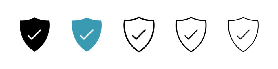 Shield check icons set in black filled and stroke line style