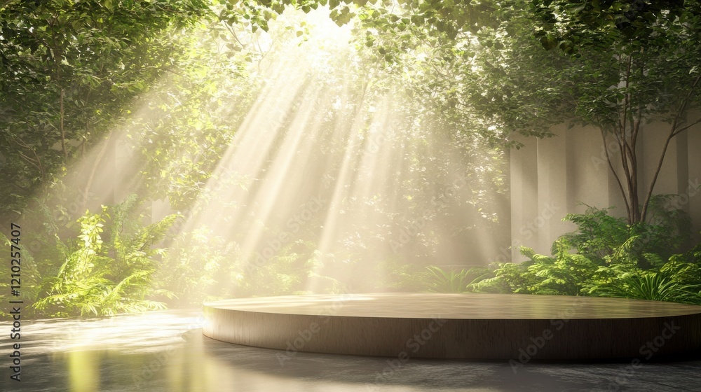 Poster sunlight filters through lush greenery in a tranquil forest setting with a wooden platform in the ce