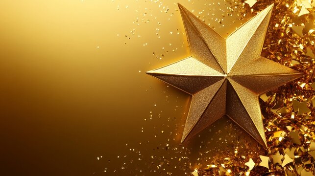 A gold star is surrounded by glitter and sits on a gold background. The star is the focal point of the image, drawing the viewer's attention. The glitter adds a sense of sparkle