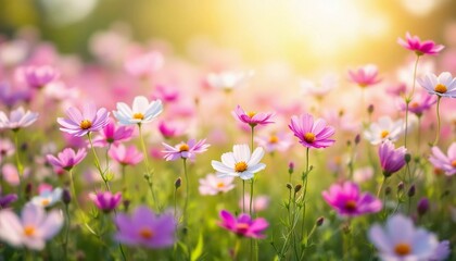 Fototapeta premium Serene Sunset Cosmos Field: A Breathtaking Panorama of Pink and White Blossoms Bathed in Golden Sunlight