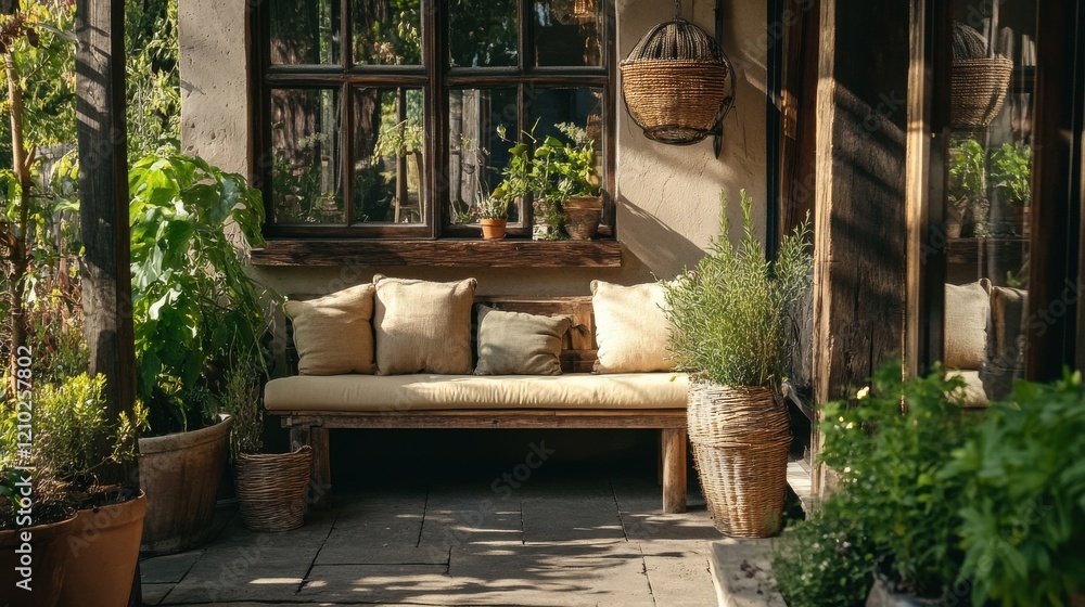 Poster relaxation area with wooden seating surrounded by greenery in a rustic setting during afternoon sunl