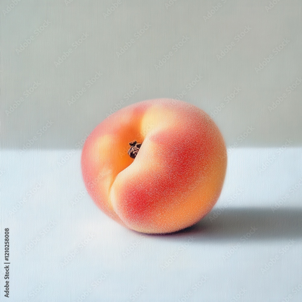 Poster Ripe peach with soft fuzzy texture resting on a smooth surface, showcasing its natural beauty and color variations