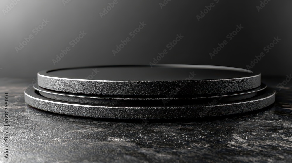 Poster a minimalist black circular display stand on a textured surface.