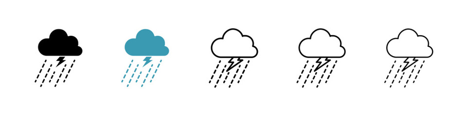Thunderstorm icons set in black filled and stroke line style