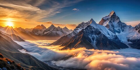 Fototapeta premium Ama Dablam sunrise over snow-capped mountains, misty valleys and Himalayan peaks in distance , mountain sunrise, nature scenery