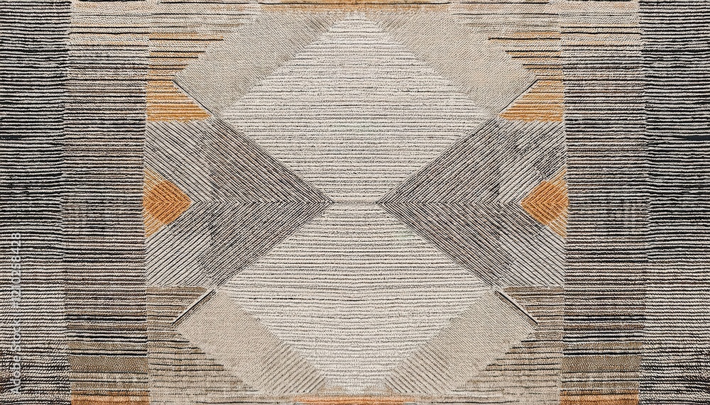 Poster minimalist beige textile pattern with black and orange geometric linear designs, ideal for modern in