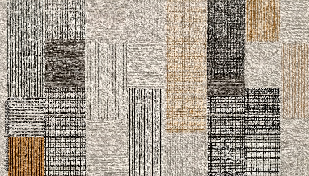Poster minimalist beige textile pattern with black and orange geometric linear designs, ideal for modern in
