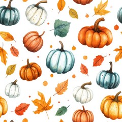 Colorful watercolor doodle of pumpkins and autumn leaves expressing the charm of fall season