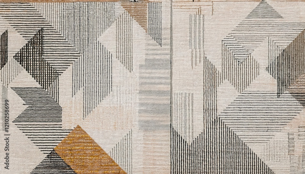 Poster minimalist beige textile pattern with black and orange geometric linear designs, ideal for modern in