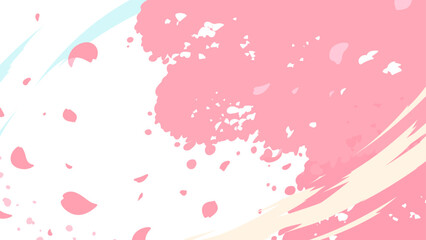 春風が吹いて桜の花びらが舞う背景イラスト_白_16:9