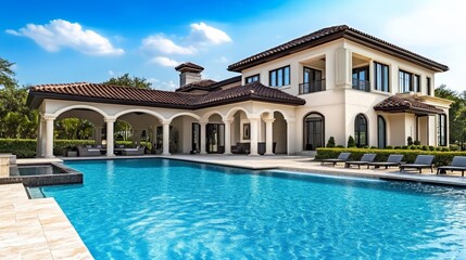 Stunning home facade with expansive swimming pool.