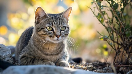 A cat in the middle of flowers