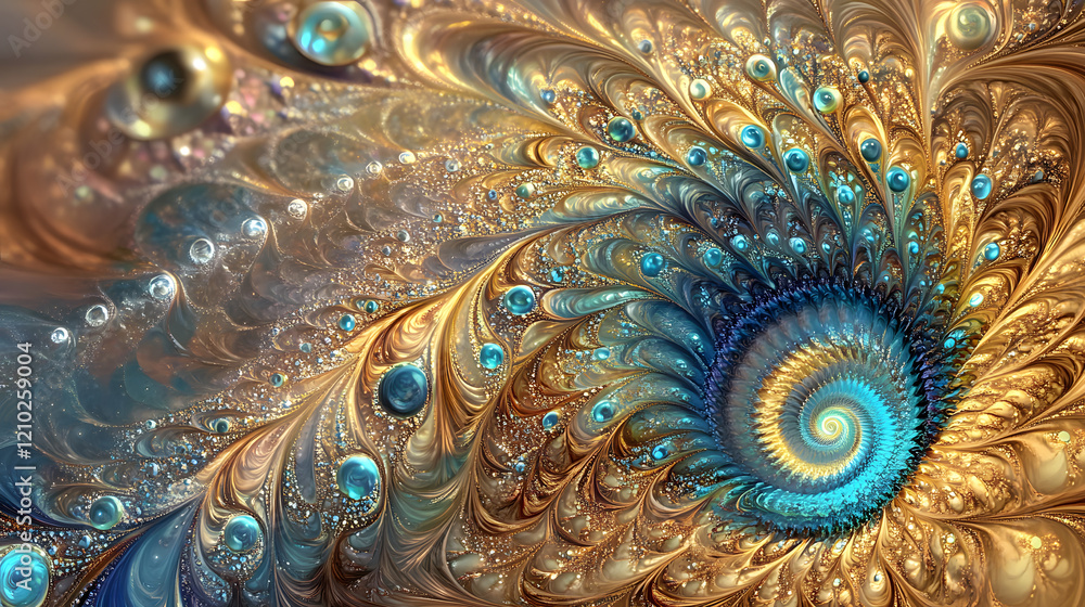 Poster a dynamic background featuring cascading spiral patterns in champagne, deep teal, and soft ivory, ex
