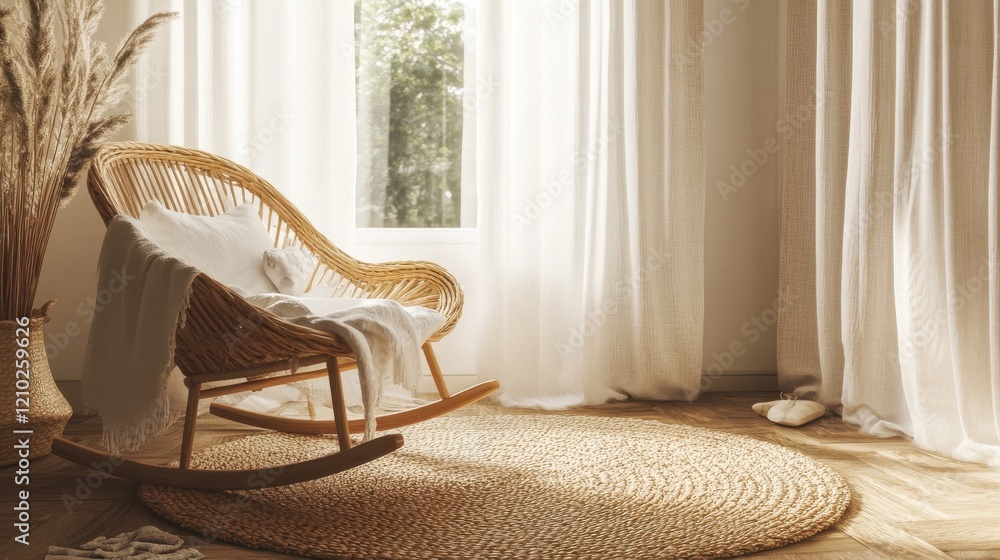 Poster cozy nursery featuring a wicker rocking chair and soft natural light in a serene setting