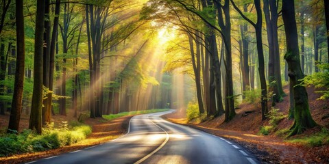 Sunlit Road Winding Through a Misty Autumn Forest