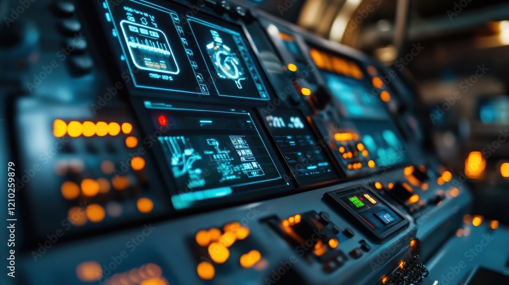 Poster complex illuminated control panel displaying various charts, graphs, and critical flight data within