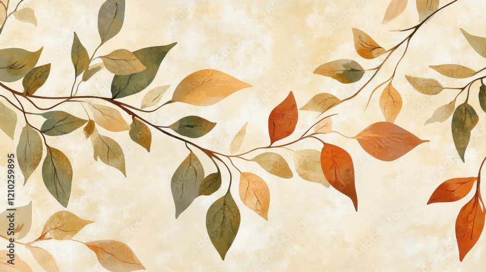 Poster Natural design with branches featuring leaves in warm tones against a soft textured background