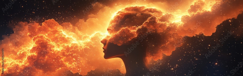 Poster mystical profile of a man filled with cosmic elements against a backdrop of swirling clouds and star