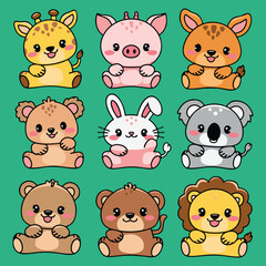 Animal Characters Featuring Giraffe, Pig, Bunny, and More – Perfect for Stickers or Decorations