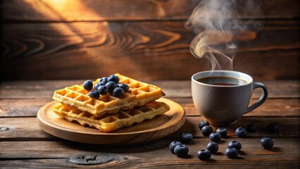 Warm golden waffles topped with fresh blueberries served alongside a steaming cup of coffee on a rustic wooden table