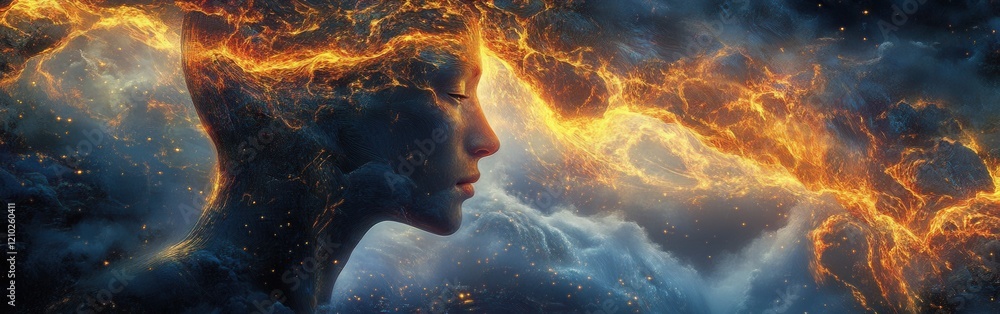 Poster mystical profile of a man with a fiery cosmic landscape enveloping his thoughts and emotions at twil