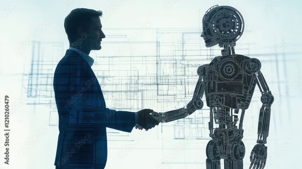 Poster silhouette of a man and robot shaking hands in a digital setting
