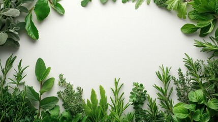 Obraz premium Fresh herbs frame, white background, cooking, recipe