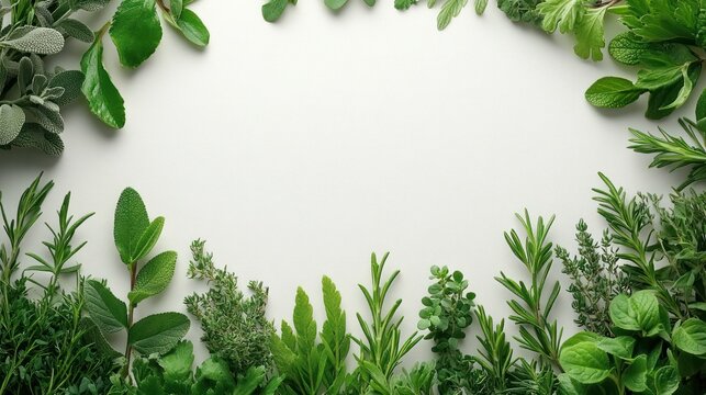 Fresh herbs frame, white background, cooking, recipe