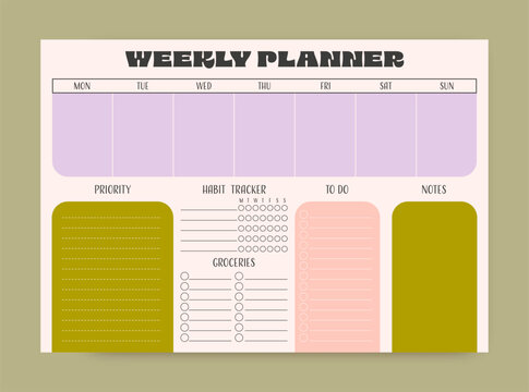 Printable weekly planner. Customizable template for time management. Vector. - Powered by Adobe