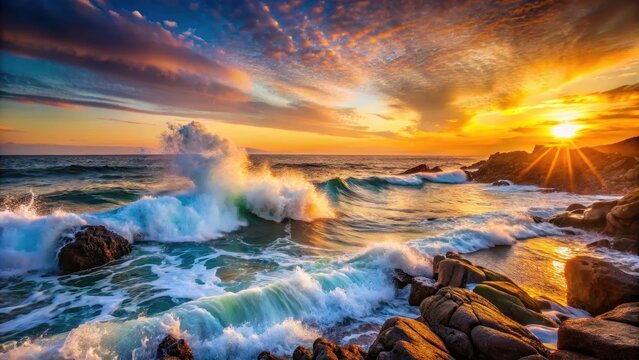 Ocean waves crashing against a rocky shore at sunset, cinematic, ocean,  cinematic,ocean, waves