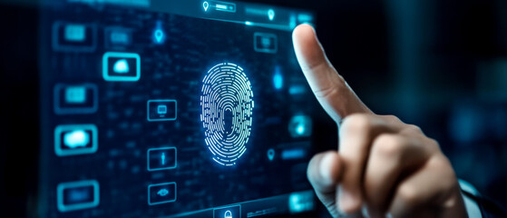 A hand interacts with a digital screen displaying a fingerprint, highlighting biometric technology and security features in a high-tech environment.