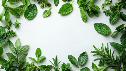 Fresh herbs frame, white background, food recipe