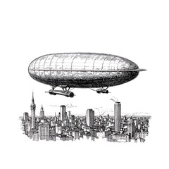 Fototapeta premium Vintage illustration of airship over cityscape.
