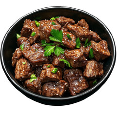 A black bowl filled with glistening sesame-crusted beef cubes, garnished with fresh parsley.