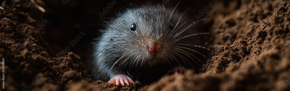 Aufkleber close-up view of a mole's face showcasing details of its fur and whiskers in a natural setting