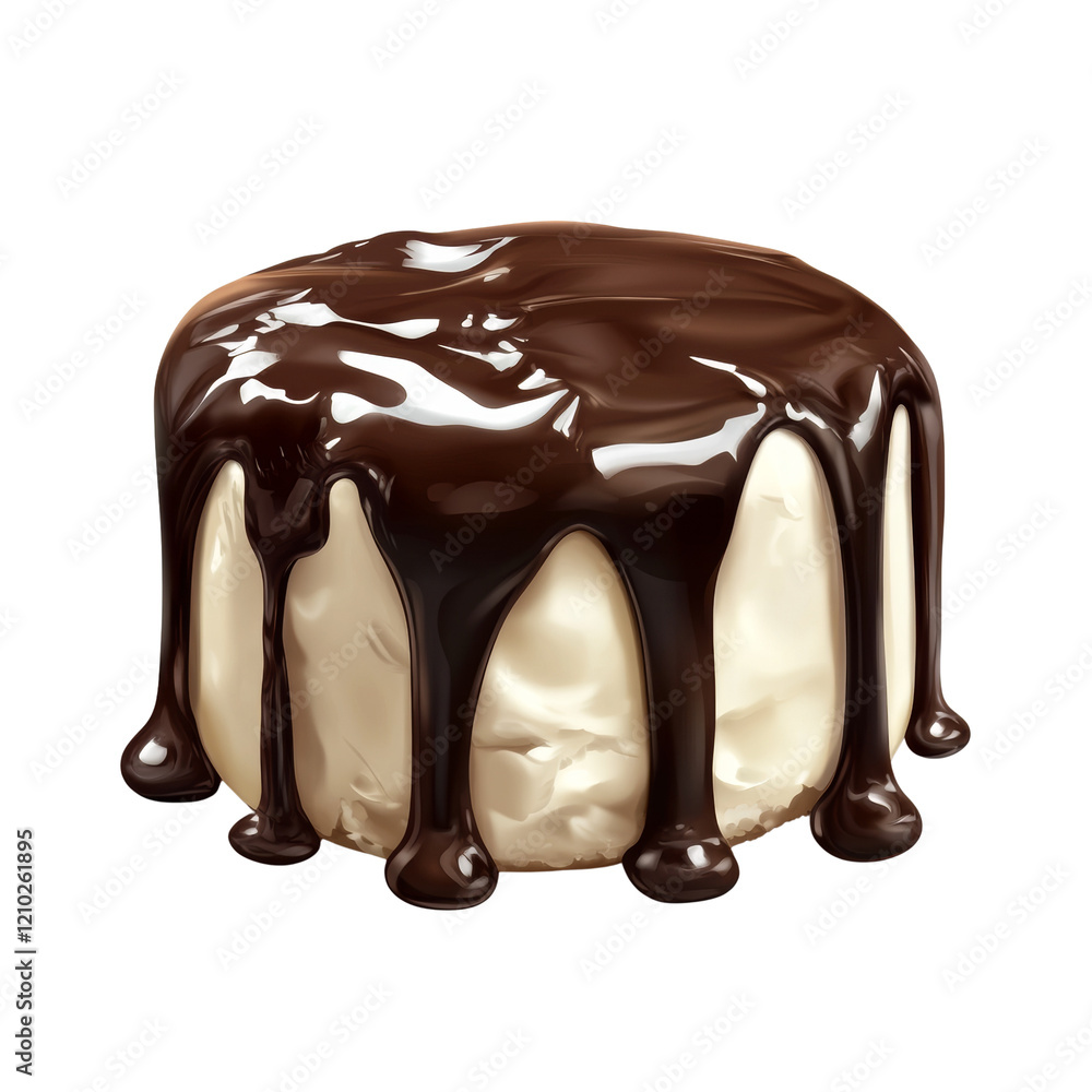Poster A visually appealing image of a vanilla cake generously coated with rich, dark chocolate that is dripping down the sides.