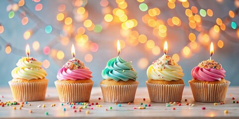 Four delightful cupcakes with lit candles, festive sprinkles, and a bokeh background