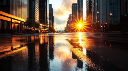 Sunset reflecting off a city's wet street surface.
