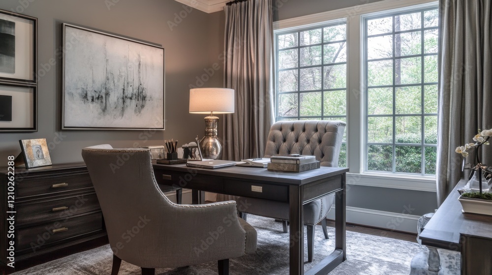 Aufkleber home office design featuring a soft gray palette and natural light shining through large windows