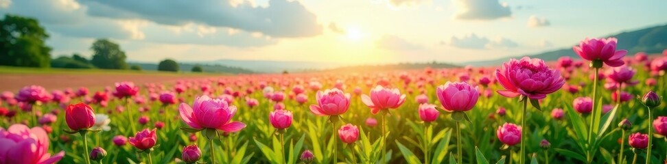 peony patch in a sunny field with blooming flowers, blooms, hayward