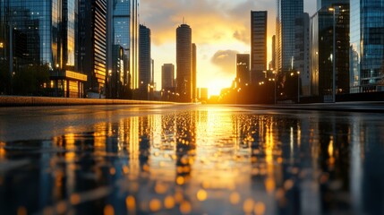 Obraz premium Empty urban street glowing with warm sunset hues.