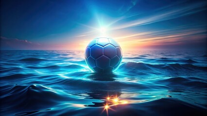 Naklejka premium A radiant neon soccer ball hovers above the calm surface of a dark blue ocean, surrounded by gentle waves and ripples in a dreamy, ethereal setting , glowing orb, dreamy atmosphere