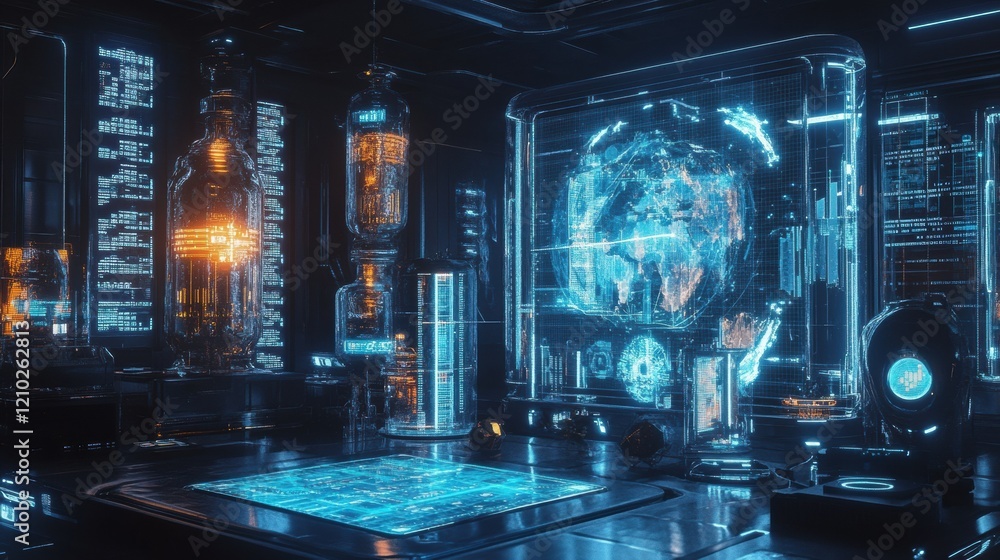 Poster futuristic collectible room showcasing holograms and advanced technology in a high-tech environment