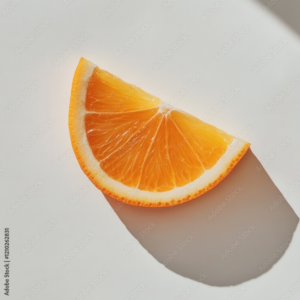 Poster Fresh orange slice with visible pulp and shadows on a bright surface, showcasing vibrant color and texture in natural light